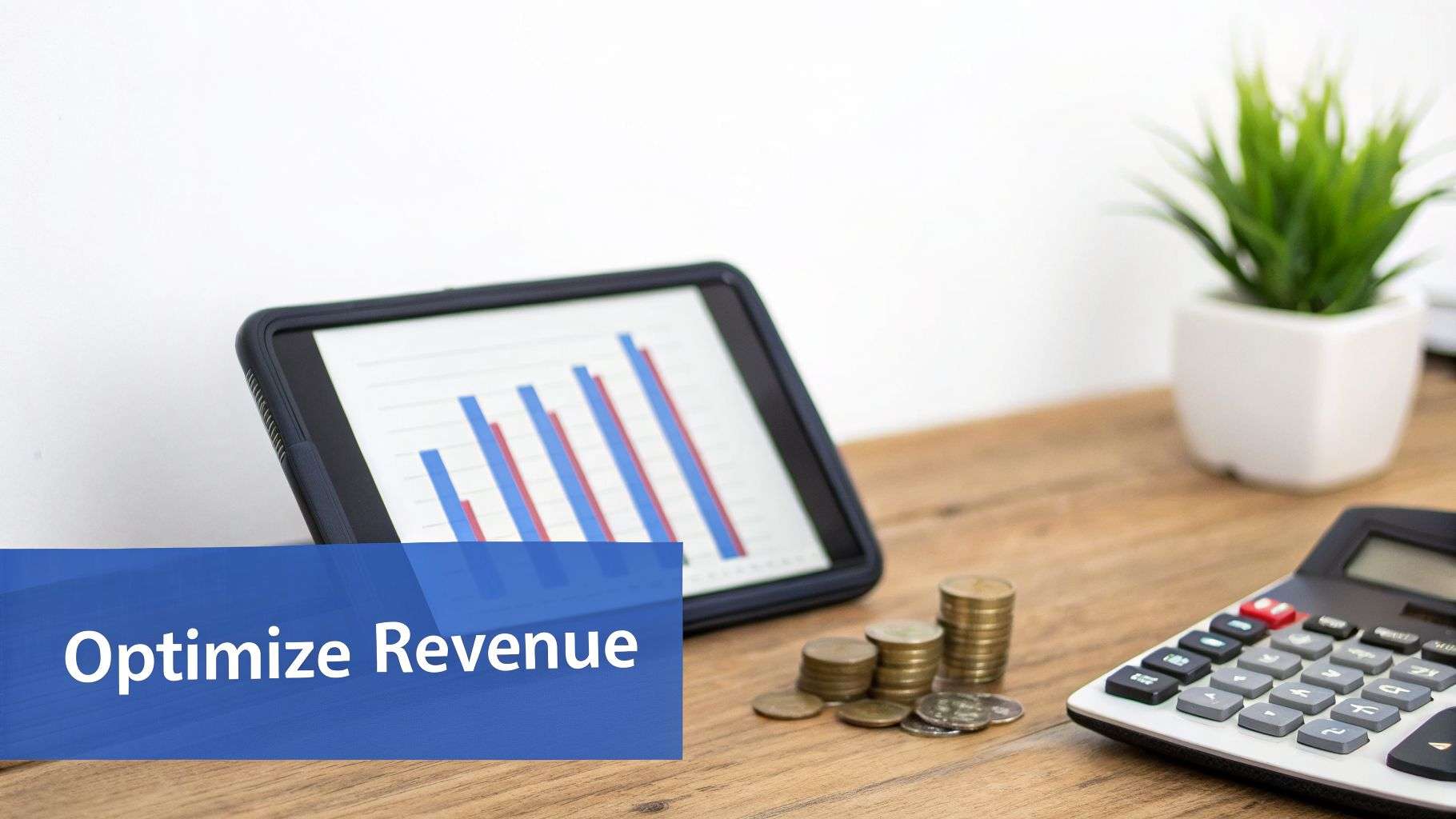 A tablet displaying a bar chart, stacks of coins, a calculator, and a plant on a desk with 'Optimize Revenue' text.