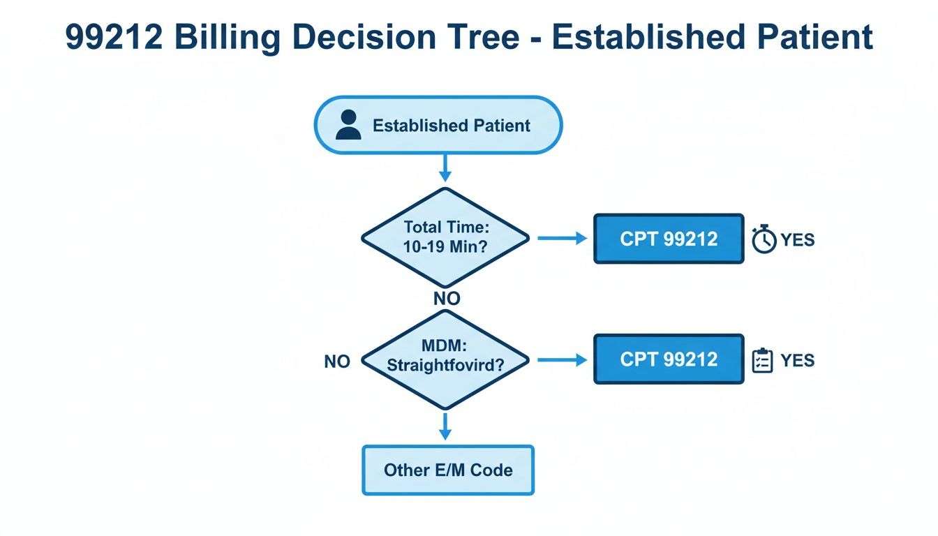 Decision tree for 99212 CPT code billing, guiding established patient encounters by total time or MDM.