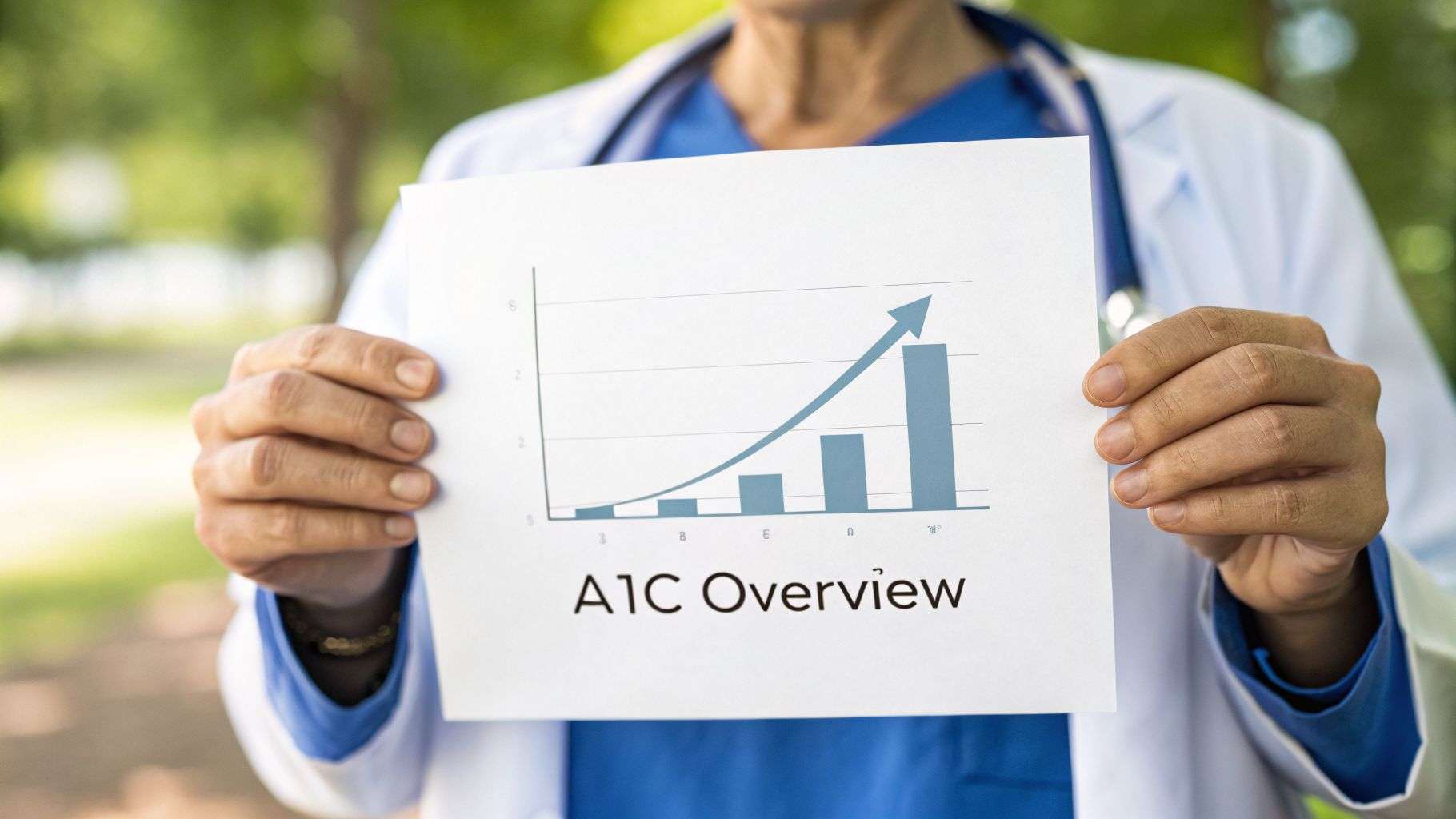 A doctor holds a paper displaying an 'A1C Overview' chart with an upward trend.