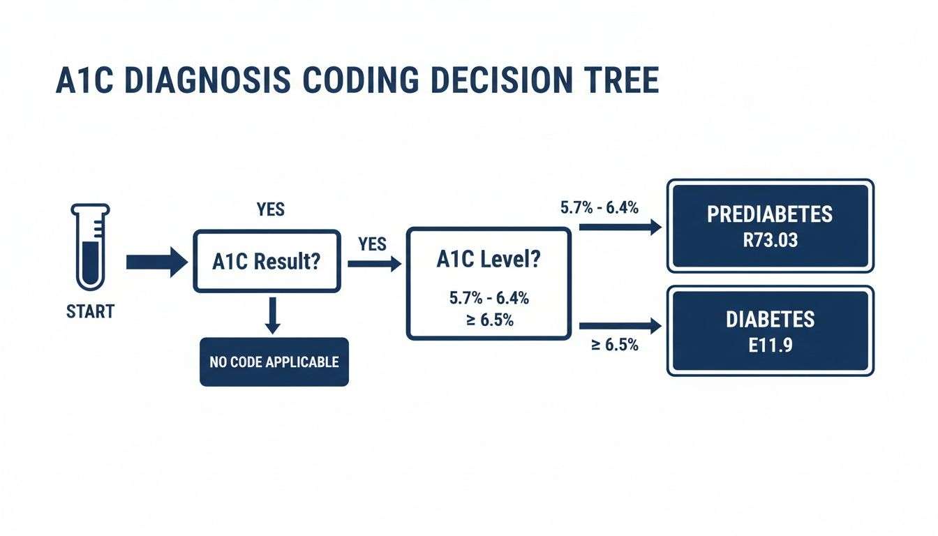 Flowchart for A1C diagnosis coding, outlining steps to determine prediabetes or diabetes based on A1C levels.