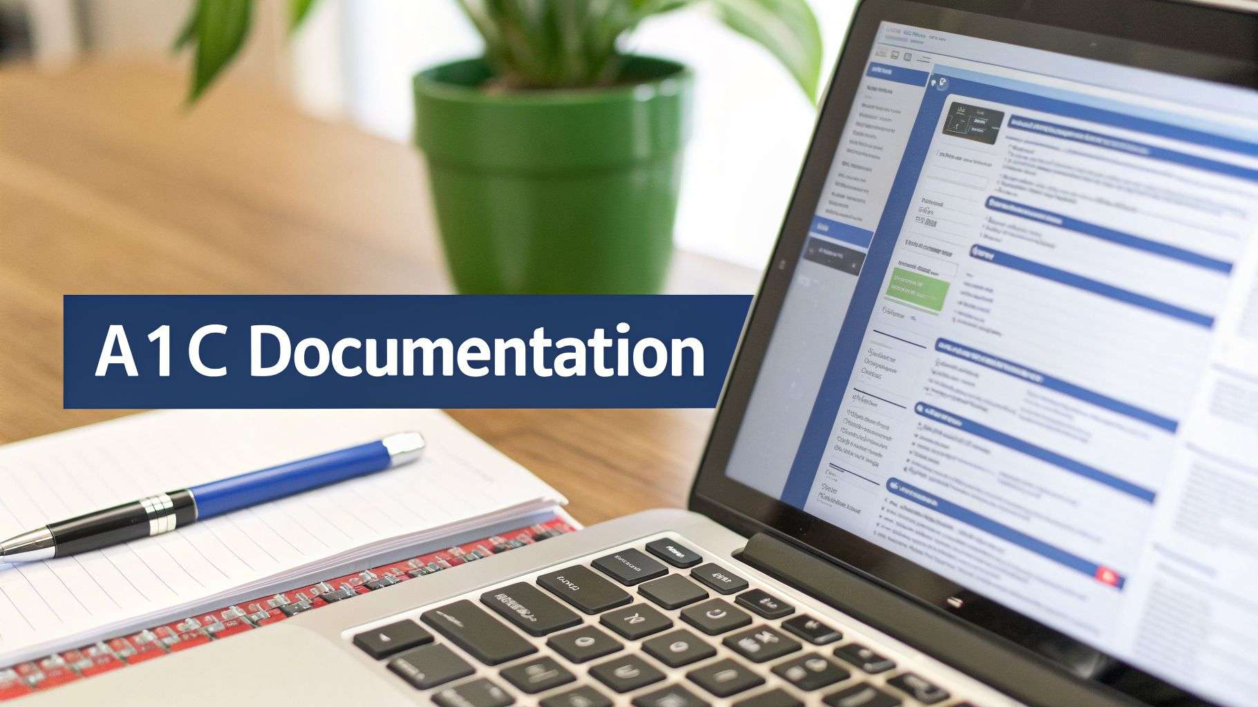A laptop displaying A1C documentation on screen, alongside a notebook, pen, and a green plant.