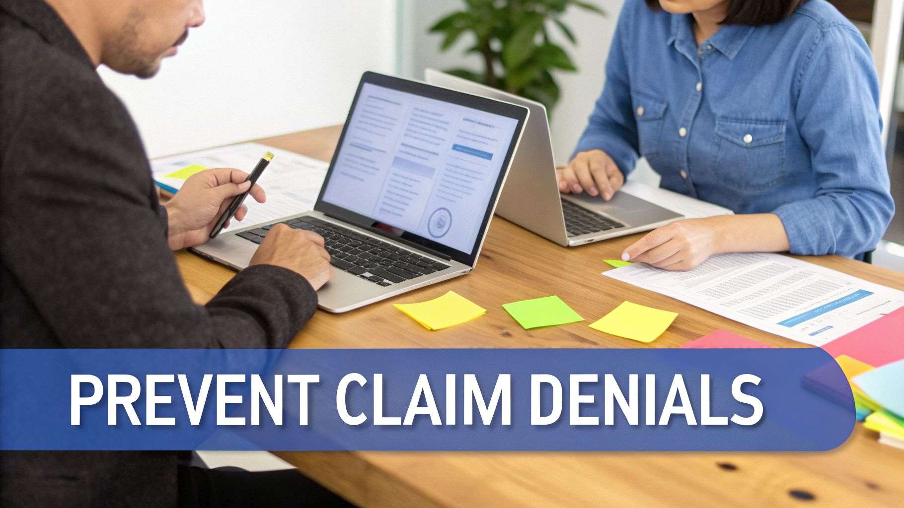 Two professionals work on laptops and documents, aiming to prevent claim denials.