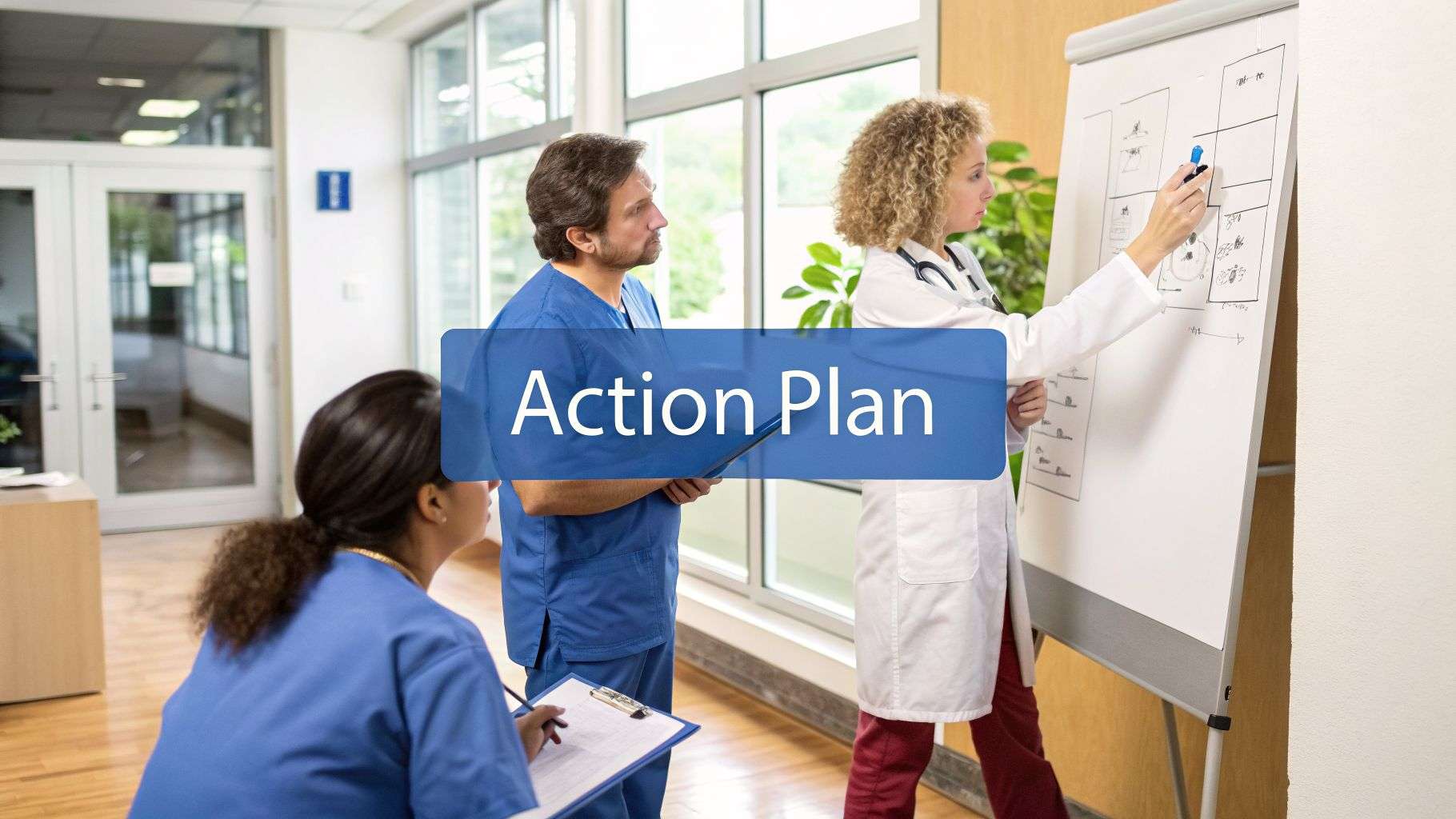 Healthcare professionals collaborate on an action plan, writing on a whiteboard in a bright medical setting.