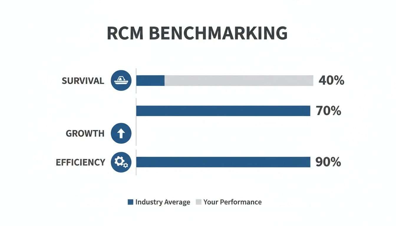 A bar chart showing RCM benchmarking for survival, growth, and efficiency performance metrics.