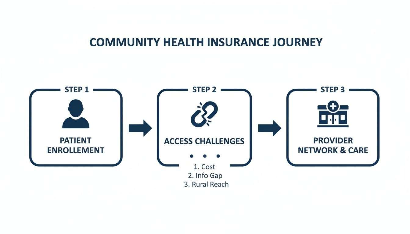 Flowchart illustrating the community health insurance journey, covering patient enrollment, access challenges, and provider network and care.
