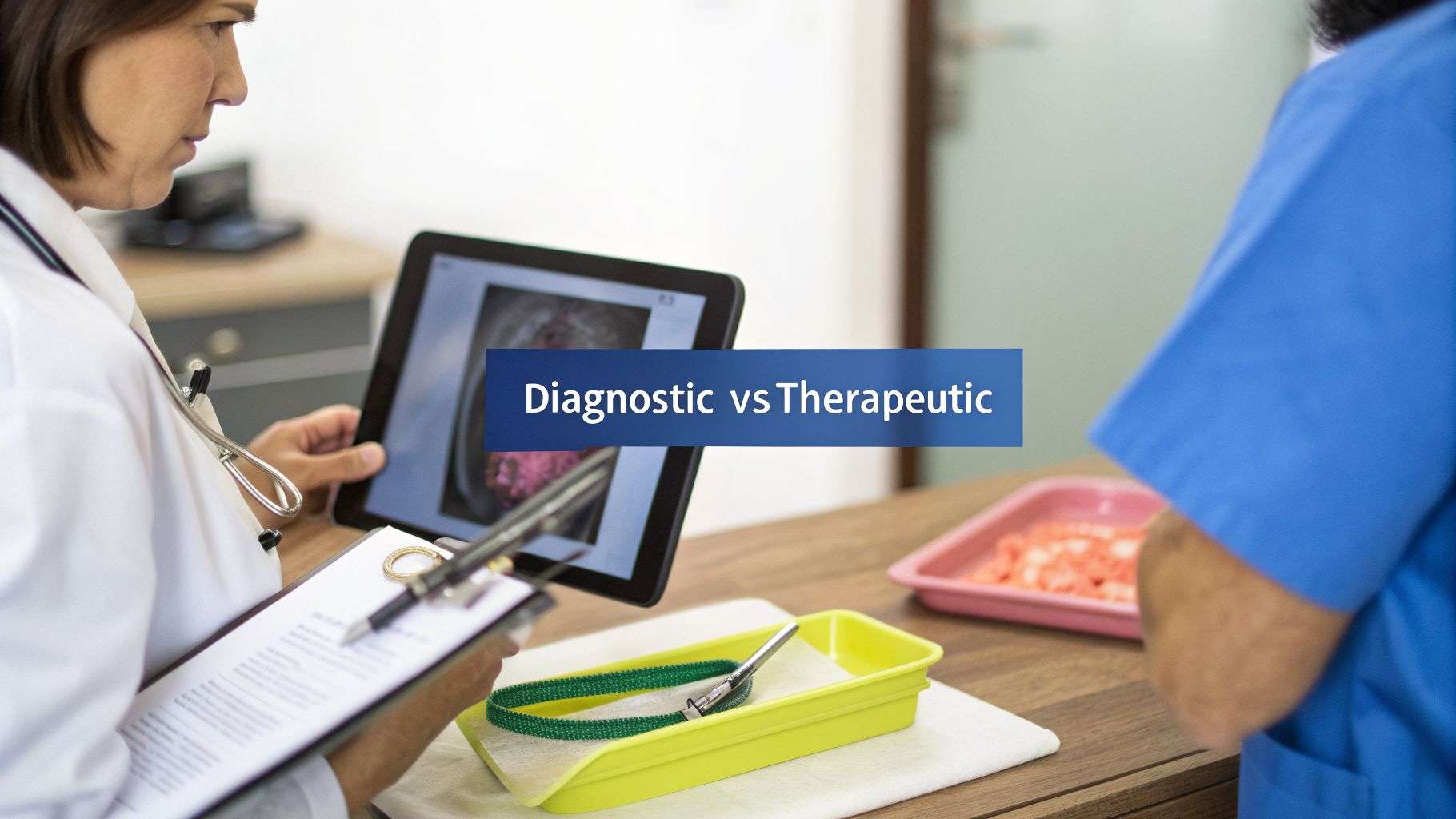 A doctor reviews a medical image on a tablet and notes on a clipboard.