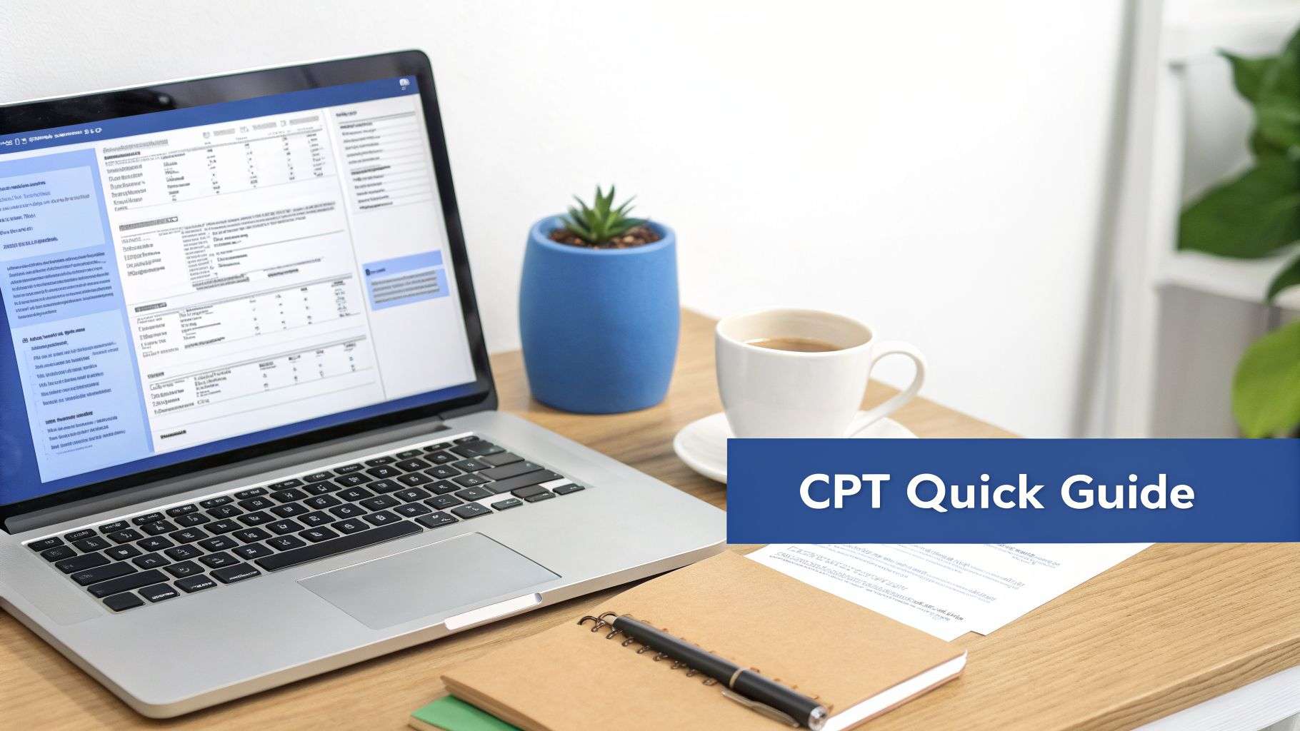 A laptop displaying data, coffee, and a notebook on a wooden desk with a 'CPT Quick Guide' banner.