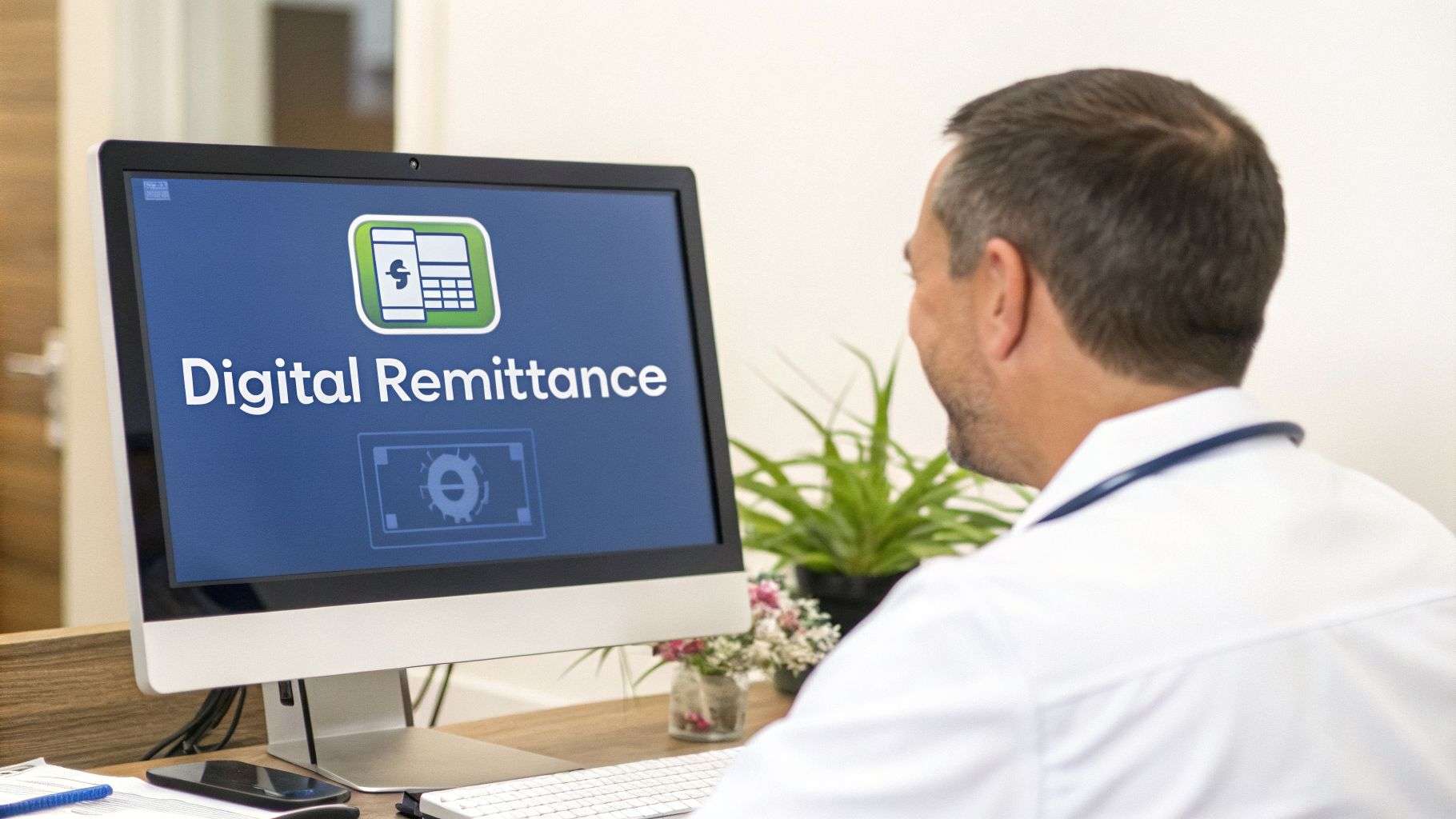 Man viewing computer screen with 'Digital Remittance' title and mobile payment icon.