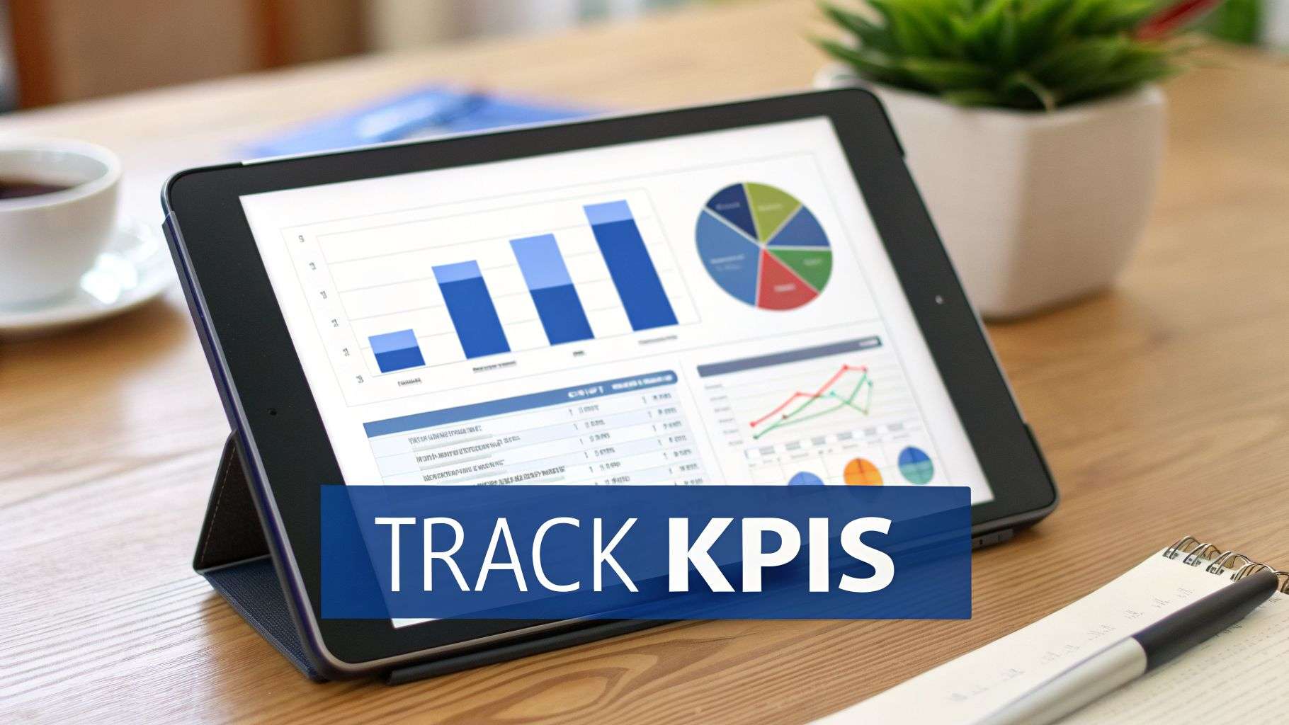 A tablet on a wooden desk displays business charts and graphs with 'TRACK KPIS' overlay.