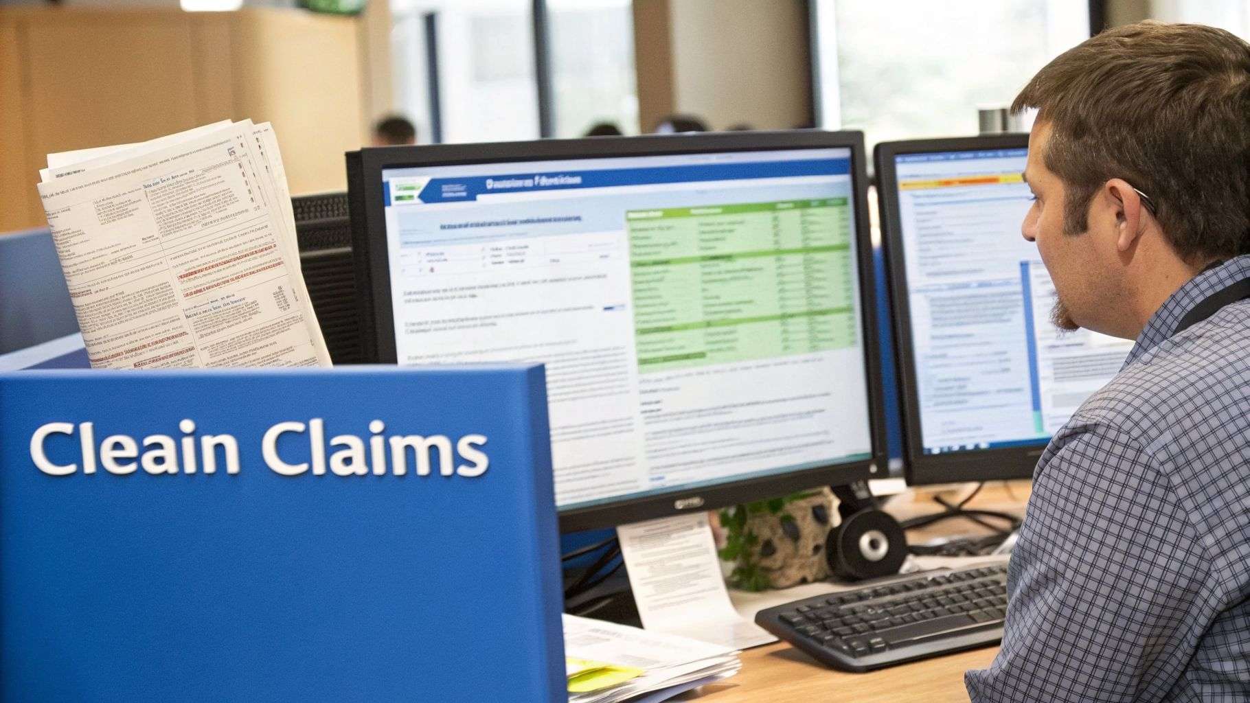 A man in a plaid shirt processes claims on dual computer monitors at an office desk.