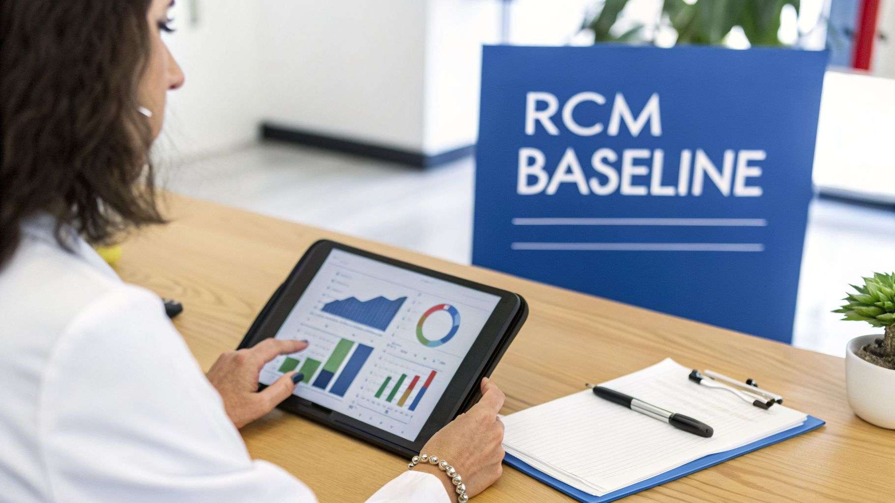 Professional analyzing healthcare RCM baseline data on a tablet with various charts and graphs.
