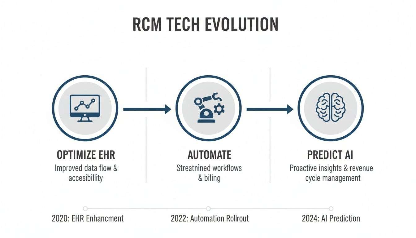 A diagram illustrating the RCM tech evolution from EHR optimization to automation and AI prediction over time.