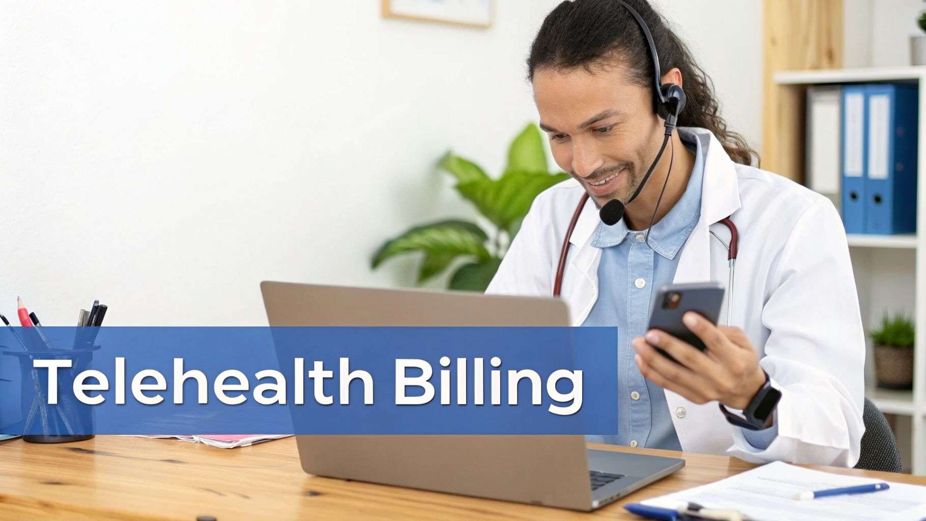 A provider discussing care options with a patient on a tablet screen, symbolizing telehealth and modifier use.