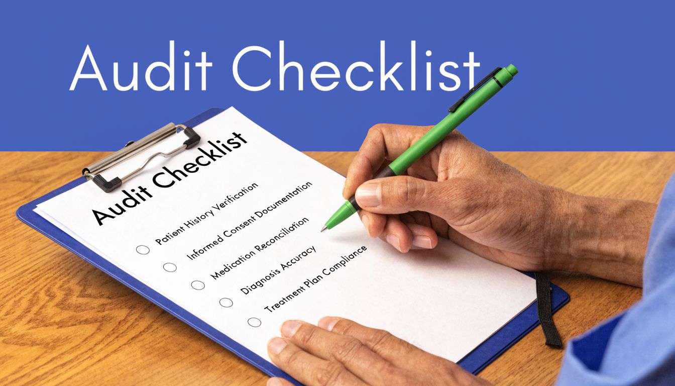 A person writing on an audit checklist document about patient care with a green pen.