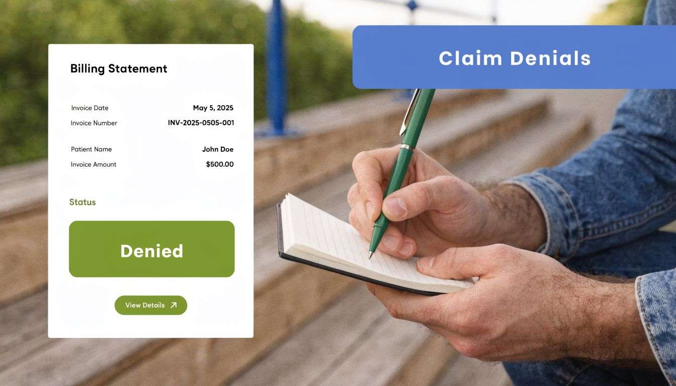 A digital billing statement showing a denied health claim for John Doe with an amount of $500.00.