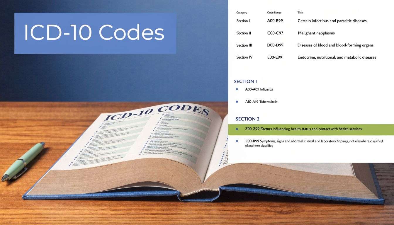An open medical textbook displaying a list of ICD-10 coding categories and sections on a wooden table.