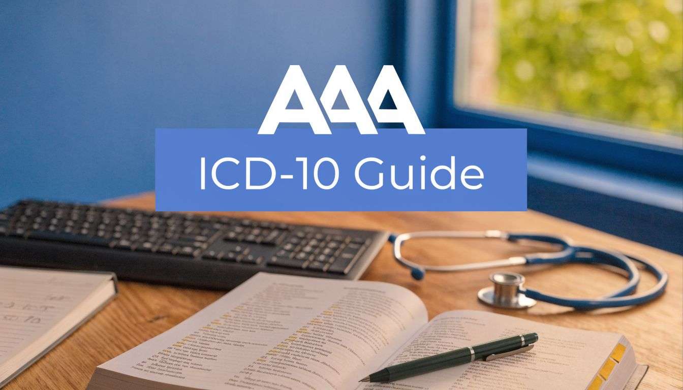 abdominal-aortic-aneurysm-icd-10-medical-study - One For All Medical Billing Desk with an open medical book, pen, keyboard, and stethoscope; a blue banner reads 'ICD-10 Guide'.