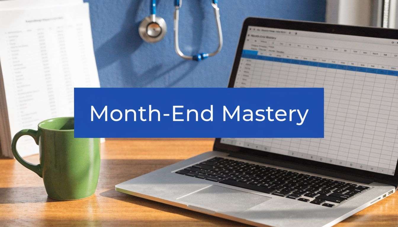 Banner showing a laptop with a spreadsheet on the screen, a green mug on a wooden desk, and a stethoscope in the background with a blue 'Month-End Mastery' overlay text.