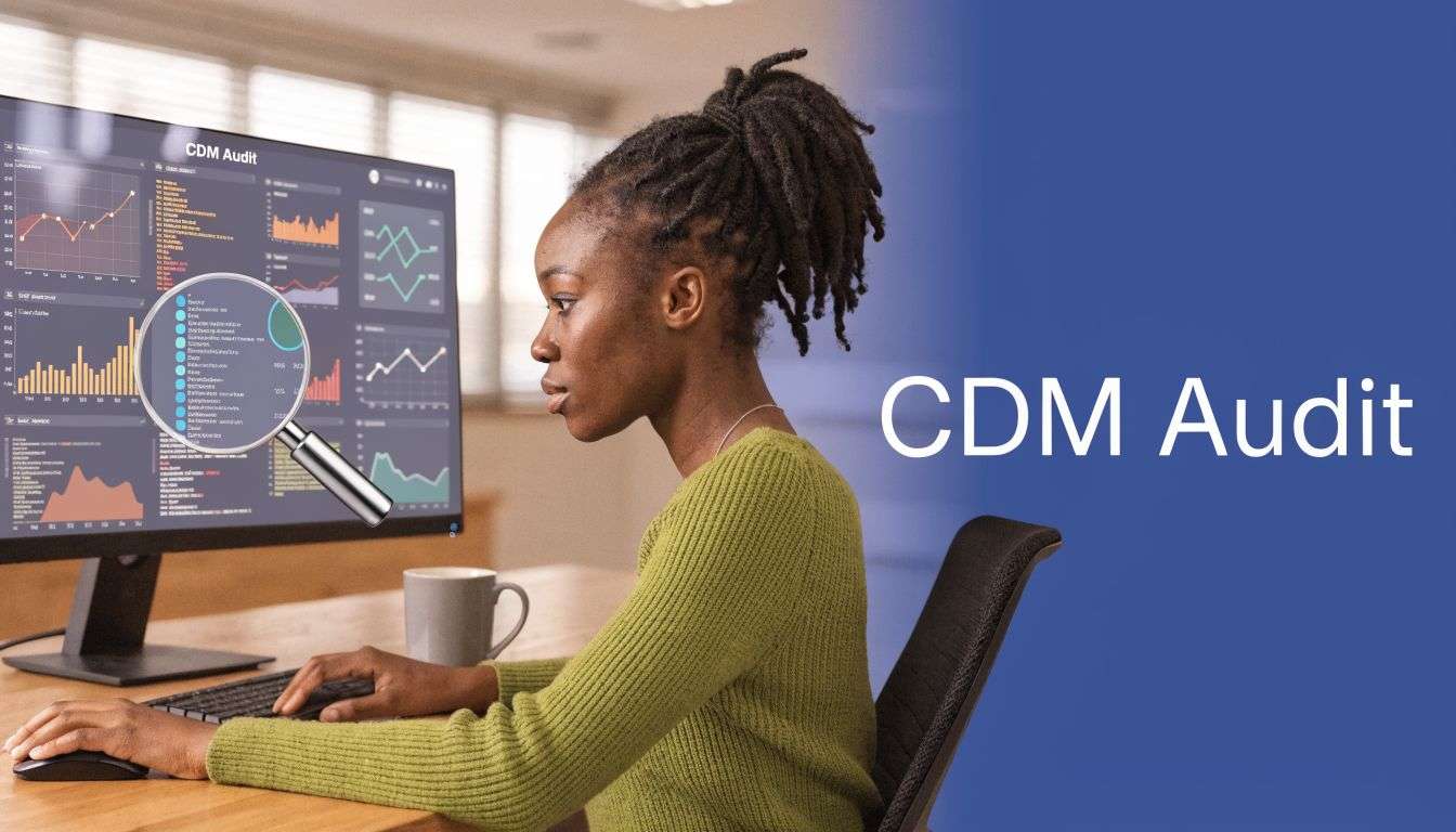 A woman reviewing Charge Description Master audit data on her computer screen with a magnifying glass.