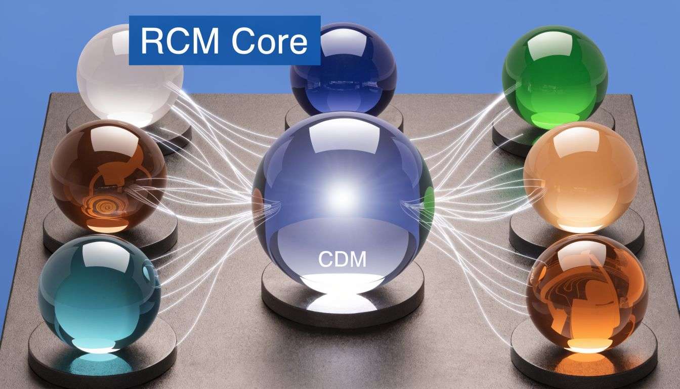 A digital graphic showing a central CDM sphere connected to various colored spheres on a platform.