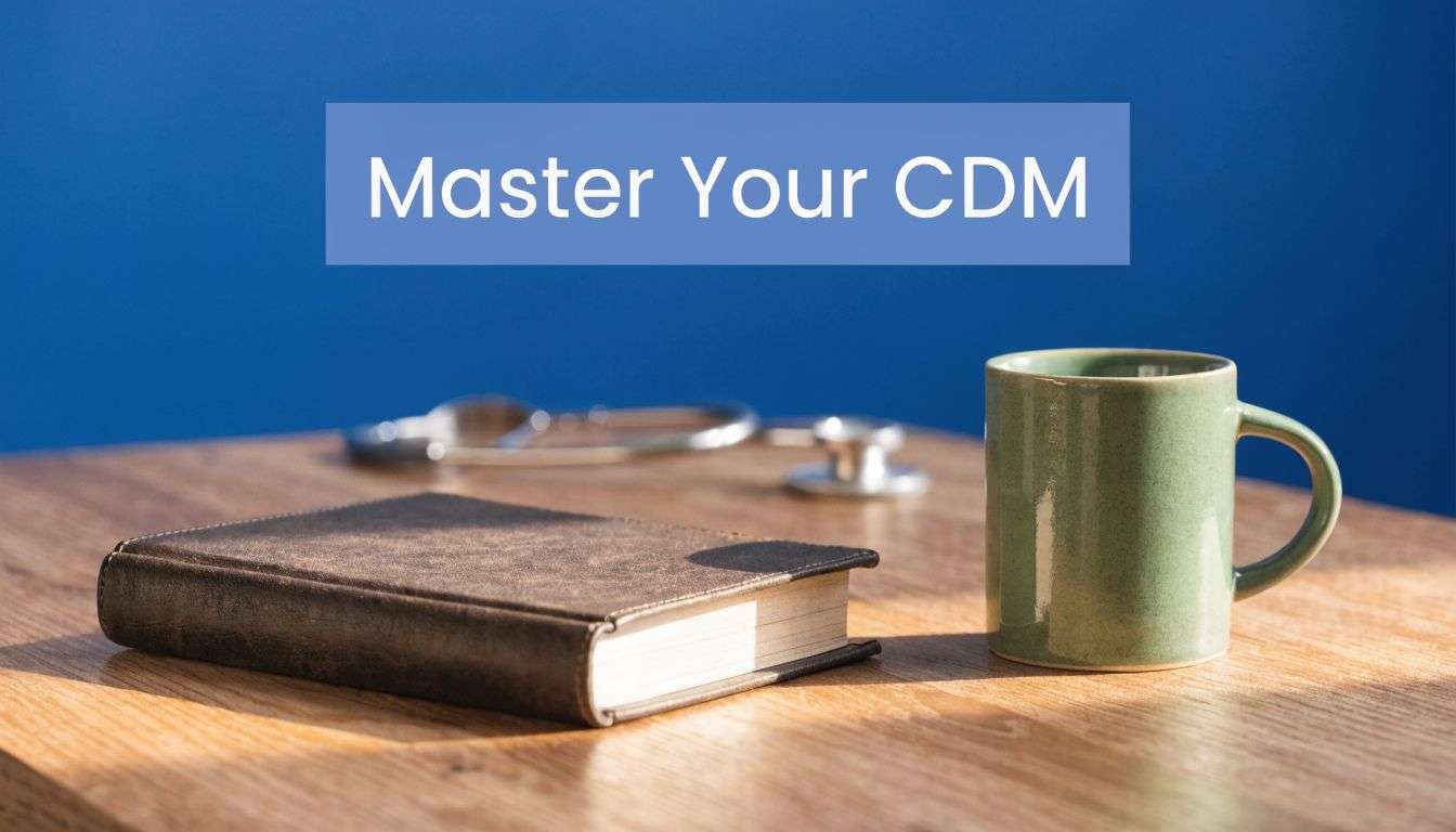 charge-description-master-medical-study - One For All Medical Billing Leather-bound book and green mug on a wooden table with a stethoscope in the background; banner reads 'Master Your CDM'