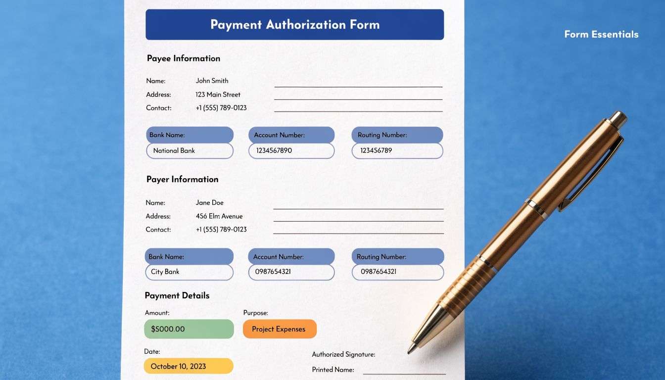 A payment authorization form on a blue surface with a pen placed next to it.