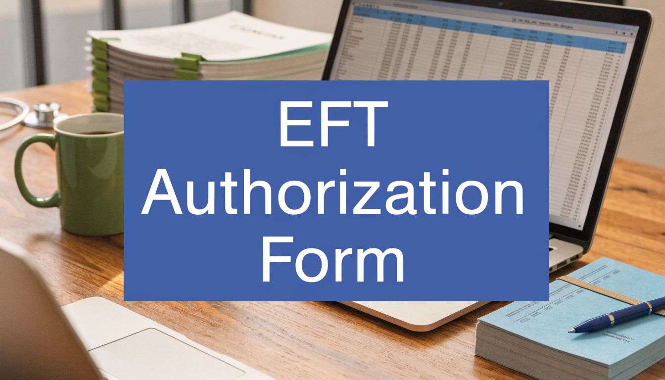 eft-authorization-form-workspace - One For All Medical Billing Blue card reads 'EFT Authorization Form' placed over a desk with a laptop, mug, and stacks of papers in the background.