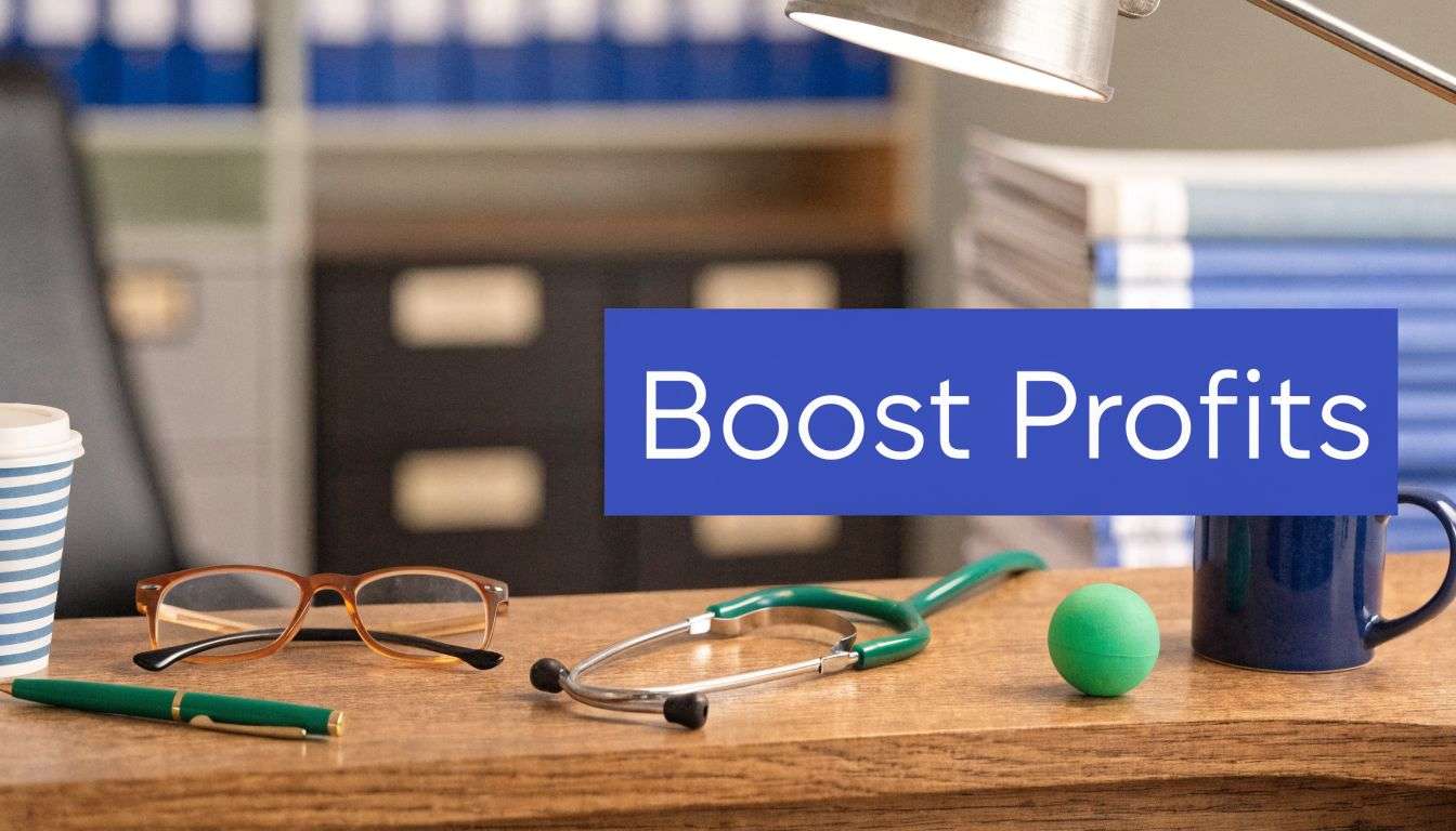 Desk cluttered with medical tools and a 'Boost Profits' sign, suggesting a medical business consulting theme.