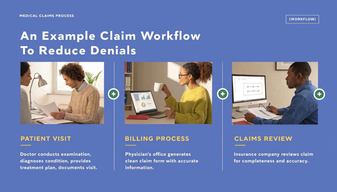 A graphic showing a medical claims workflow with steps for a patient visit, billing process, and claims review.