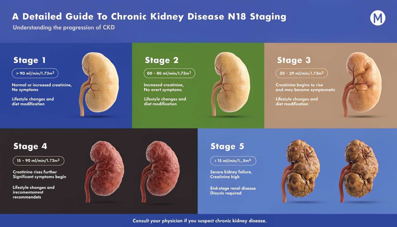 An infographic showing the five stages of chronic kidney disease with descriptions, symptoms, and corresponding kidney health illustrations.