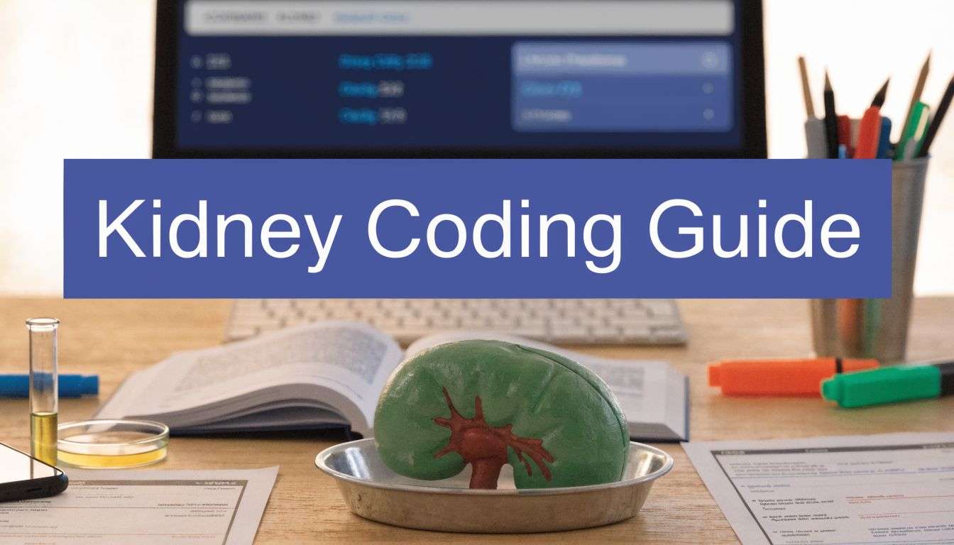abnormal-kidney-function-icd-10-kidney-coding - One For All Medical Billing Banner reading 'Kidney Coding Guide' over a desk scene with a green kidney model, open book, and computer in the background, plus pens and highlighters.