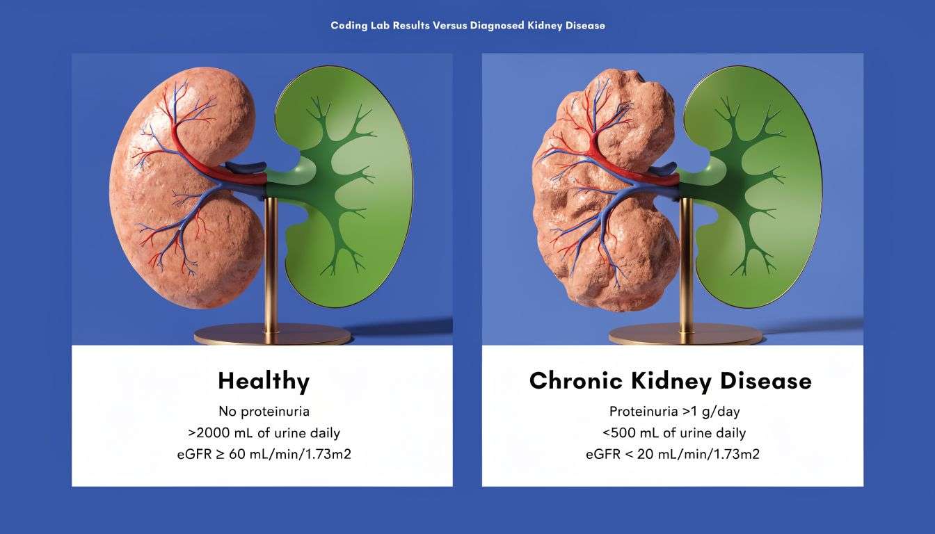 A comparative infographic showing healthy versus diseased kidneys with associated medical lab result indicators for clinical diagnosis.