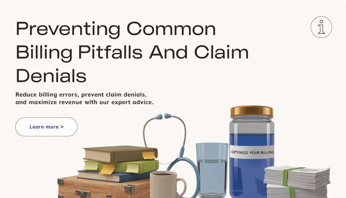 A conceptual image featuring a stethoscope, books, and a bottle labeled optimize your billing for healthcare professionals.