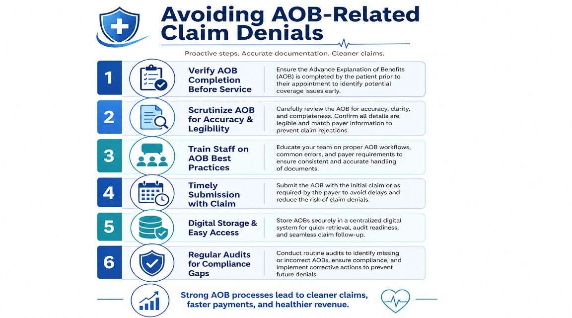 A six-step infographic detailing best practices for healthcare providers to avoid claim denials related to assignment of benefits.