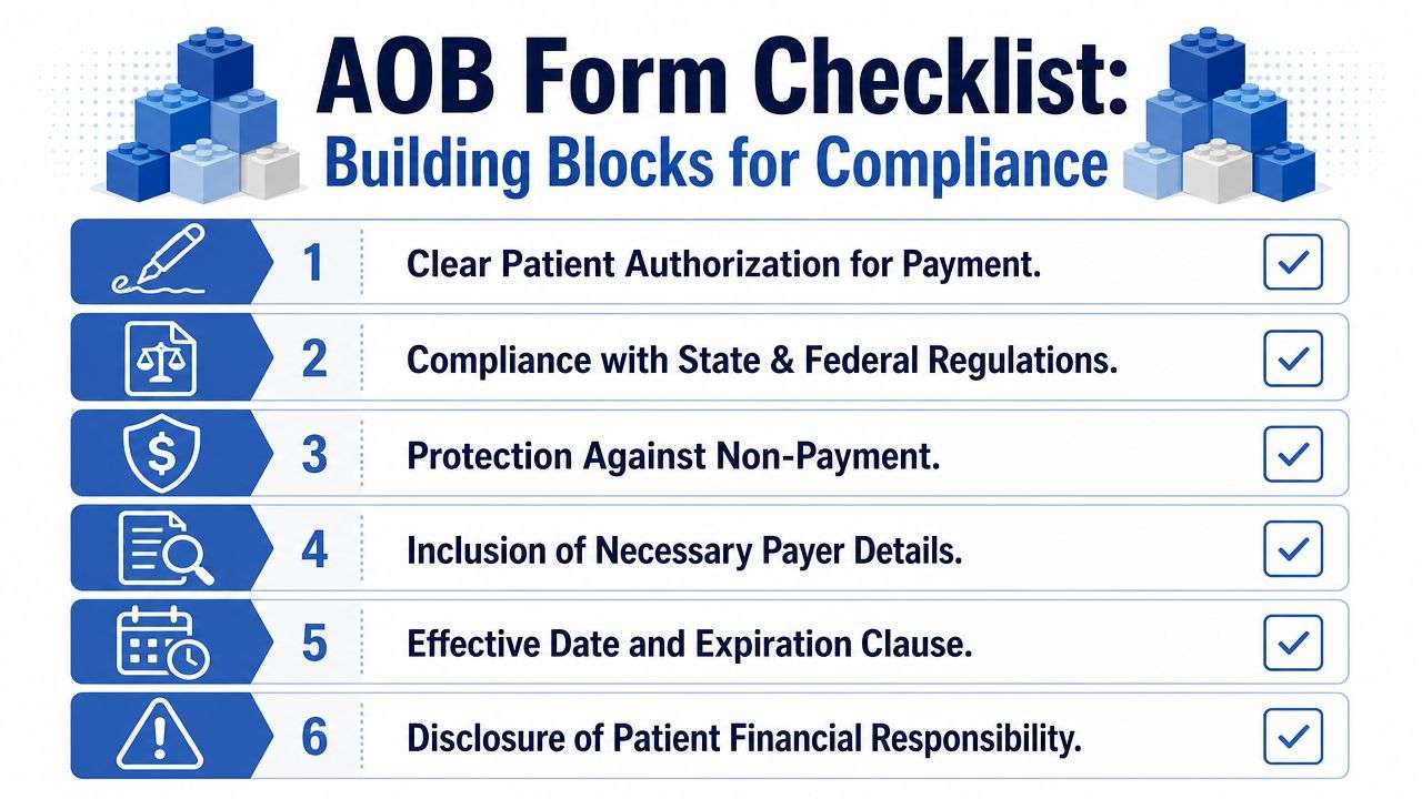 A checklist titled AOB Form Checklist featuring six essential building blocks for compliance in a professional infographic.
