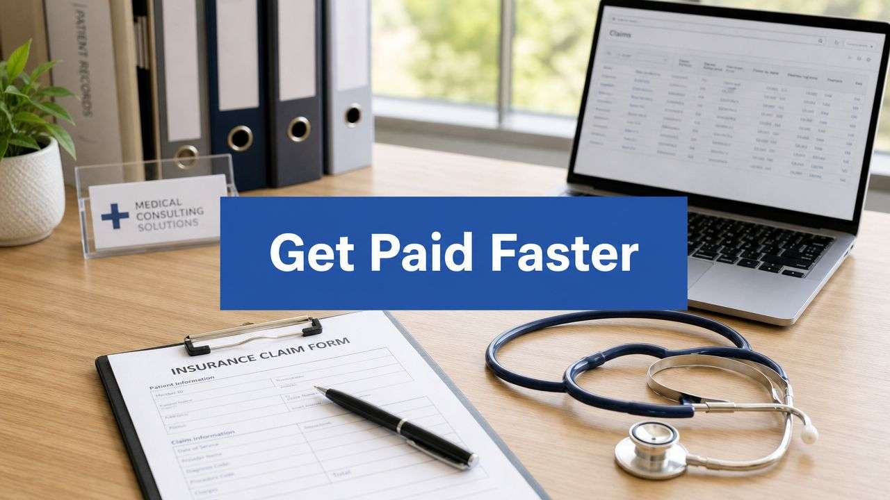 assignment-of-benefits-form-medical-billing - One For All Medical Billing Front desk with a blue banner reading 'Get Paid Faster' over an insurance claim form, stethoscope, pen, laptop, and office setup.