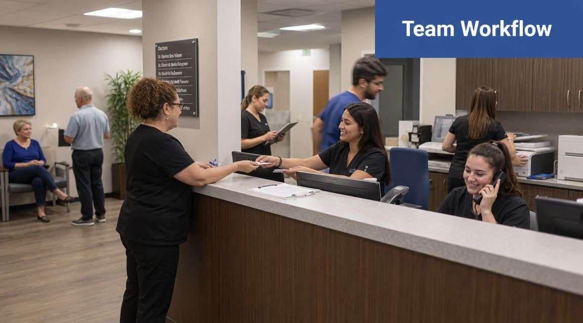 Medical office staff interacting with a patient at the front reception desk in a modern facility.