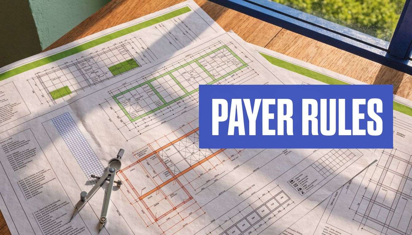 Architectural blueprints laid on a wooden desk with a drafting compass and text overlay reading Payer Rules.