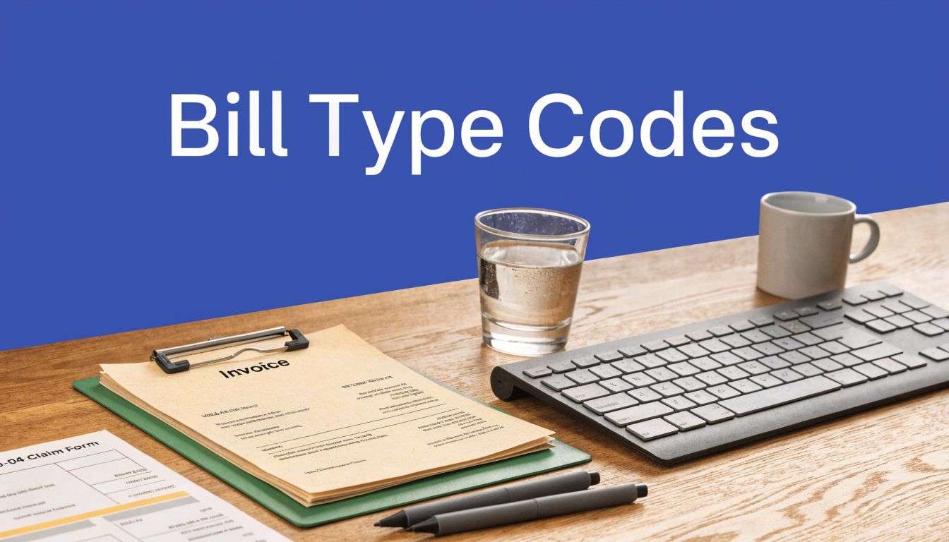bill-type-codes-office-desk - One For All Medical Billing Blue banner with the words 'Bill Type Codes' above a desk featuring an invoice form, keyboard, mug, glass of water and pens (informative header image).