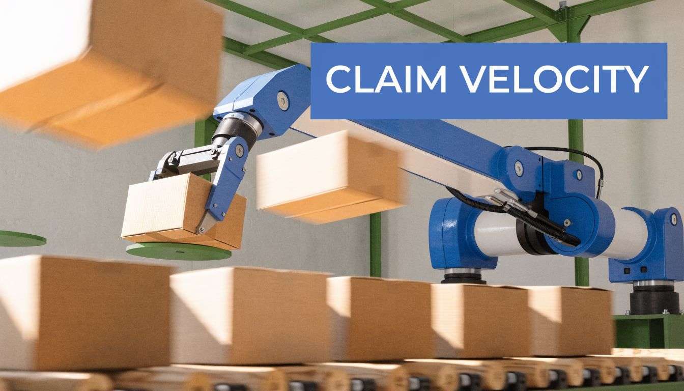 A robotic arm moves cardboard boxes on an automated assembly line in a warehouse setting.