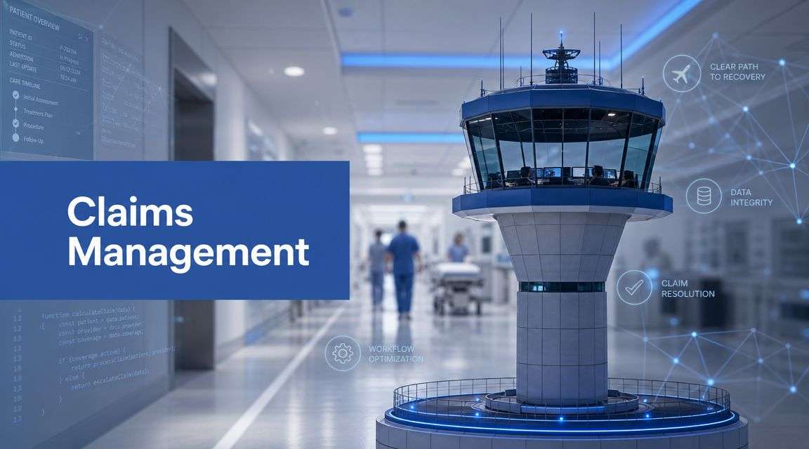 Control tower over a hospital corridor with a bold 'Claims Management' banner, symbolizing data‑driven claims processing.