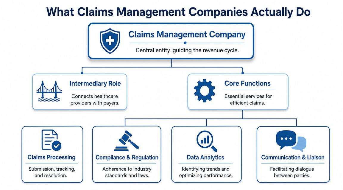 A flow chart illustrating how claims management companies connect healthcare providers with payers through various services.