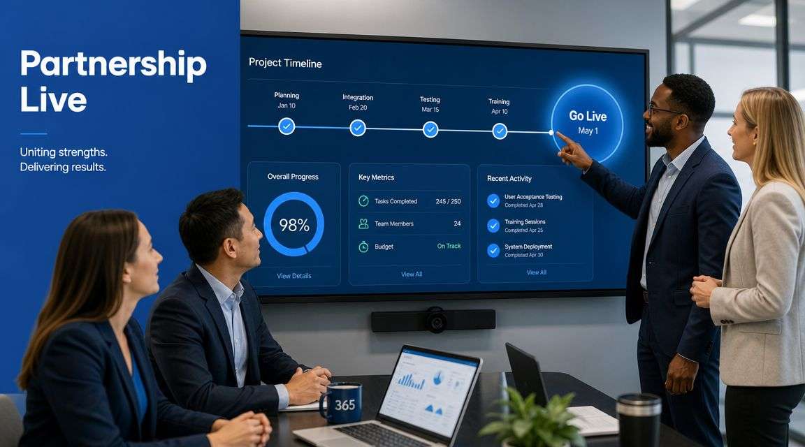 A professional team in a conference room reviewing project timelines and metrics on a large digital display.