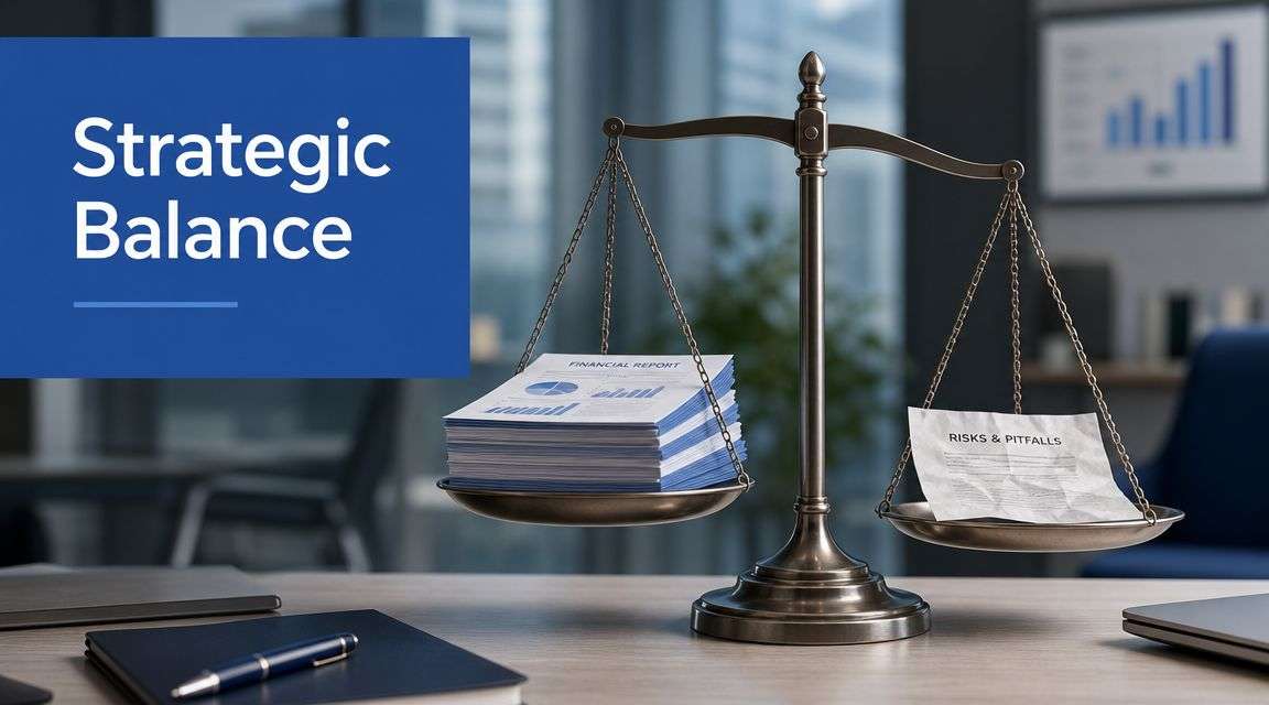 A scale balancing a stack of financial reports against a document labeled risks and pitfalls.
