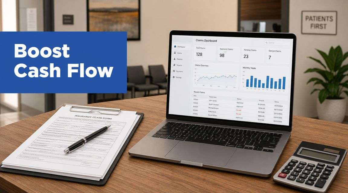 Laptop screen displays a claims dashboard on a desk alongside an insurance claim form, pen, and calculator with a blue 'Boost Cash Flow' banner in view.