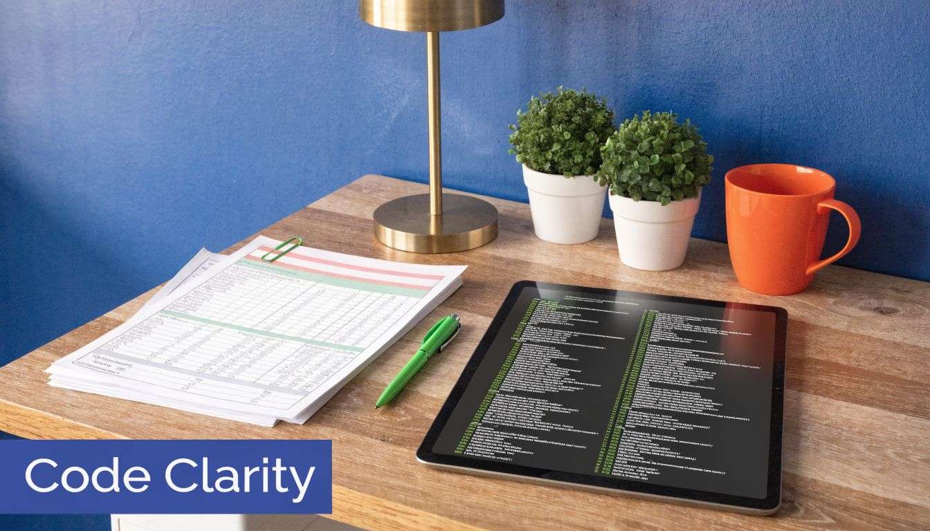 A workspace featuring a tablet displaying code, a paper document, a green pen, plants, and an orange mug.