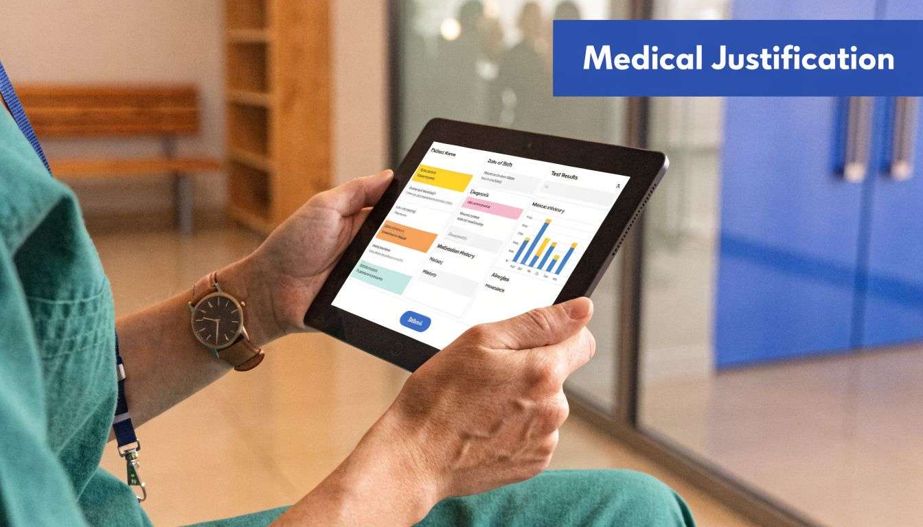 A healthcare professional in scrubs holds a tablet displaying patient medical records and diagnostic test results.