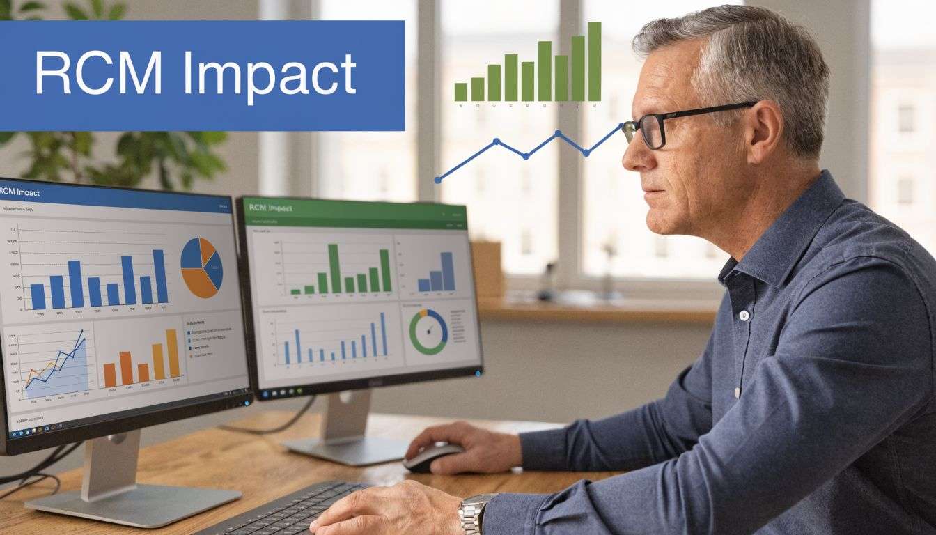 A professional man analyzing healthcare financial data charts and statistics on dual computer monitors in an office.