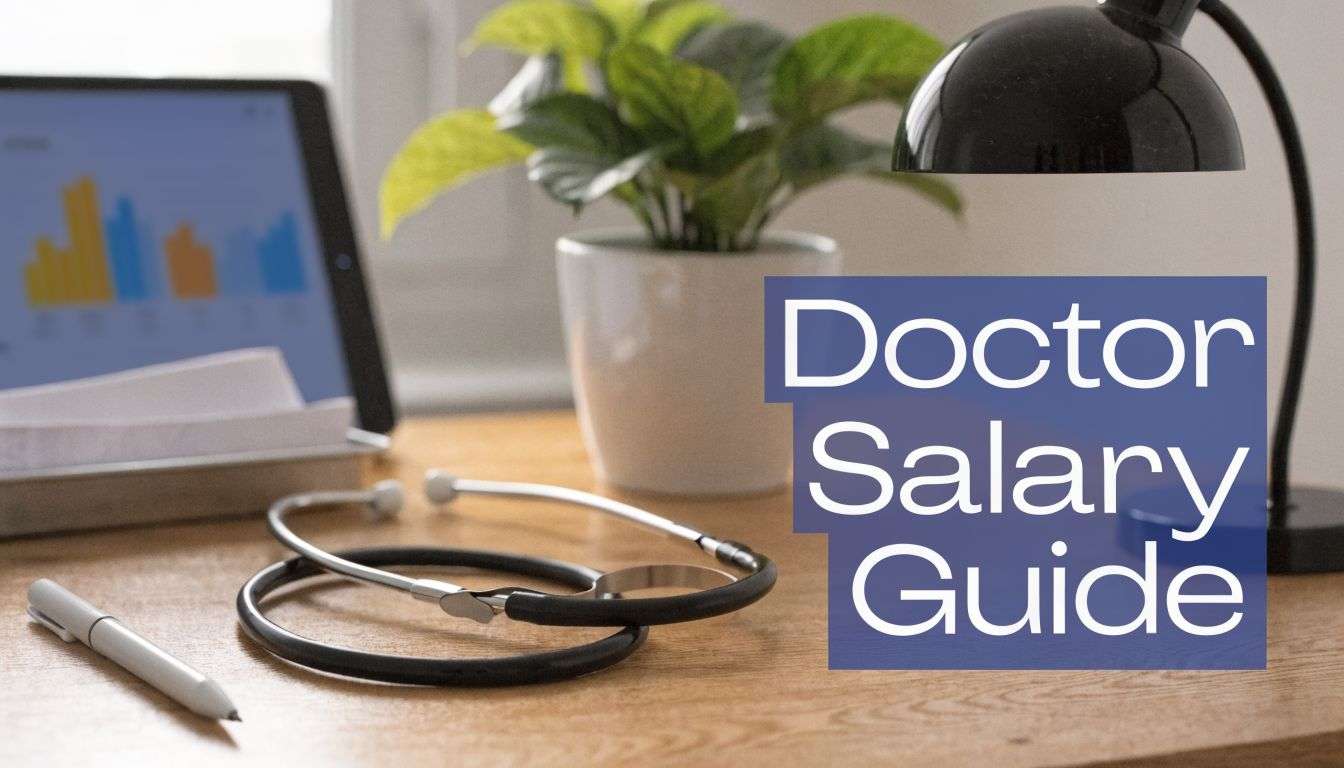 Desk setup with a stethoscope, pen, and tablet showing charts; a blue panel reads 'Doctor Salary Guide' indicating a medical salary resource.