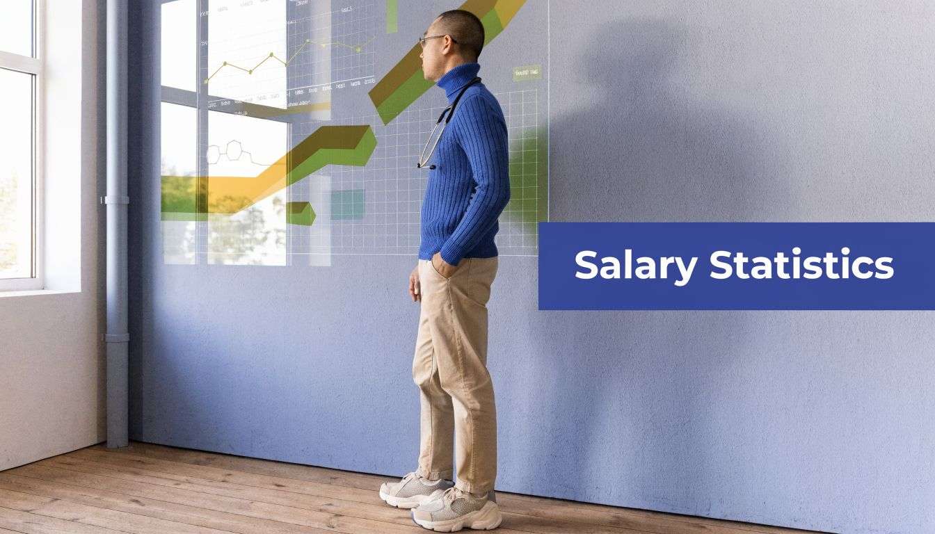 A doctor stands before a large projection of financial charts and graphs displaying salary statistics.